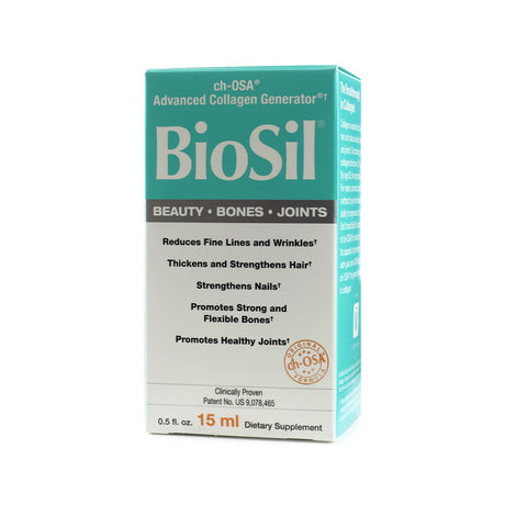 Smaller box of BioSil Collagen Generator supplement (15 ml), labeled for beauty, bones, and joints support with patented ch-OSA formula.