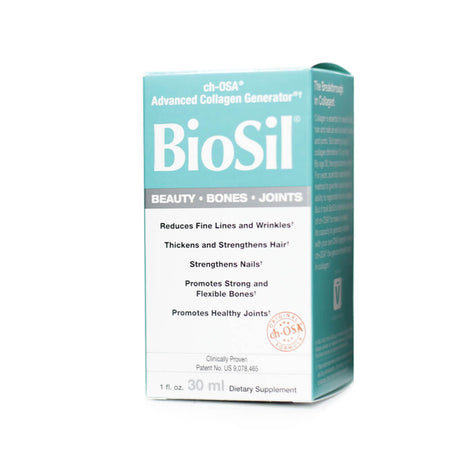 Box of BioSil Advanced Collagen Generator liquid supplement (30 ml), promoting healthy joints, bones, hair, nails, and reducing wrinkles with clinically proven ch-OSA formula.