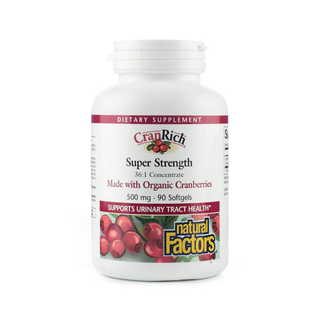 A white bottle of Natural Factors CranRich Super Strength dietary supplement containing 90 softgels. The label highlights 500 mg cranberry concentrate made with organic cranberries in a 36:1 ratio, formulated to support urinary tract health.