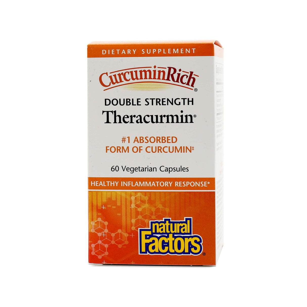 Box of CurcuminRich Theracurmin Double Strength by Natural Factors, containing 60 vegetarian capsules. Marketed as the "#1 absorbed form of curcumin" and promotes a "healthy inflammatory response."