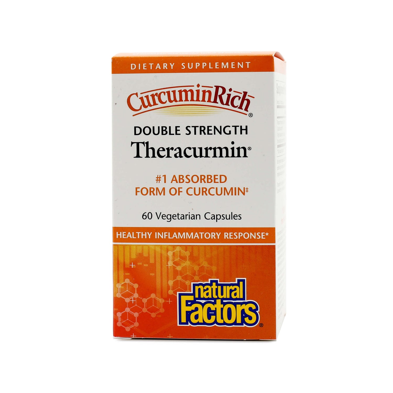 Box of CurcuminRich Theracurmin Double Strength by Natural Factors, containing 60 vegetarian capsules. Marketed as the "#1 absorbed form of curcumin" and promotes a "healthy inflammatory response."