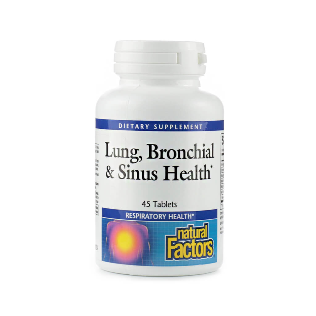 White bottle of Natural Factors Lung, Bronchial & Sinus Health, containing 45 tablets. The label indicates it's a dietary supplement supporting respiratory health, with a visual of a glowing chest area to represent the lungs.