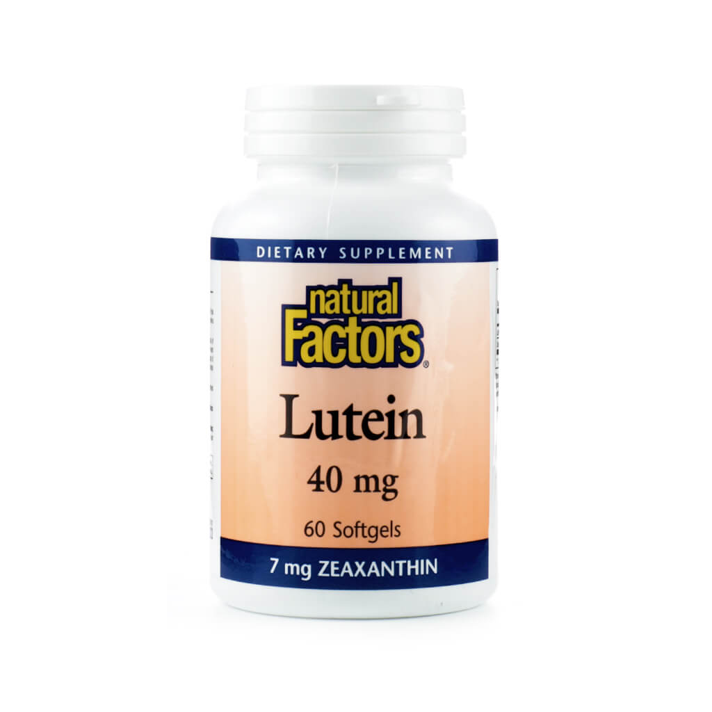 A bottle of Natural Factors Lutein, containing 40 mg per serving with 7 mg Zeaxanthin, in 60 softgels. The label highlights it as a dietary supplement designed for eye health. The packaging features a simple white and peach-colored design with a blue accent.