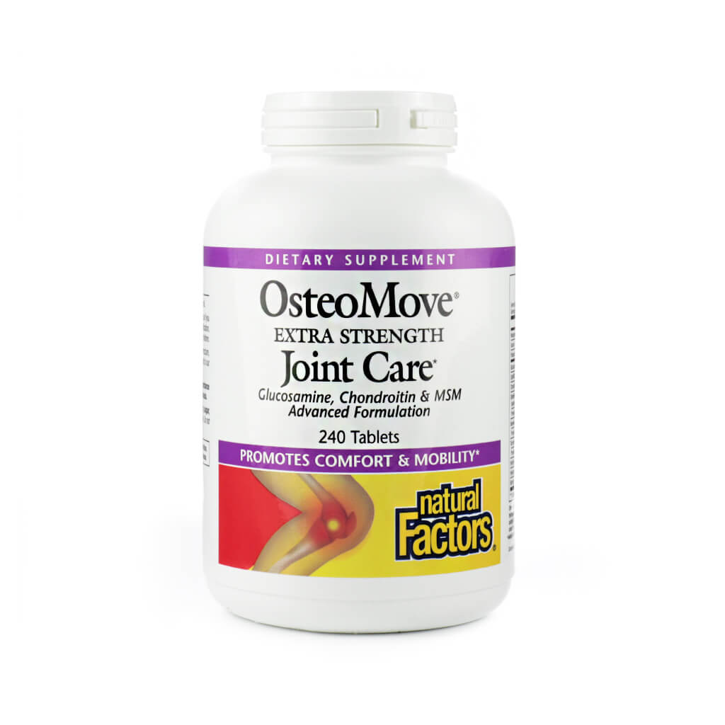 White bottle of Natural Factors OsteoMove Extra Strength Joint Care, containing 240 tablets. The supplement features glucosamine, chondroitin, and MSM in an advanced formulation to promote comfort and mobility, with an image of a highlighted knee joint on the label.