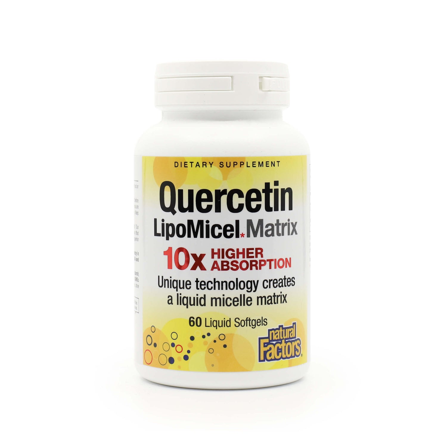 White bottle of Natural Factors Quercetin LipoMicel Matrix dietary supplement, featuring 60 liquid softgels. The label highlights 10x higher absorption due to its unique liquid micelle matrix technology.