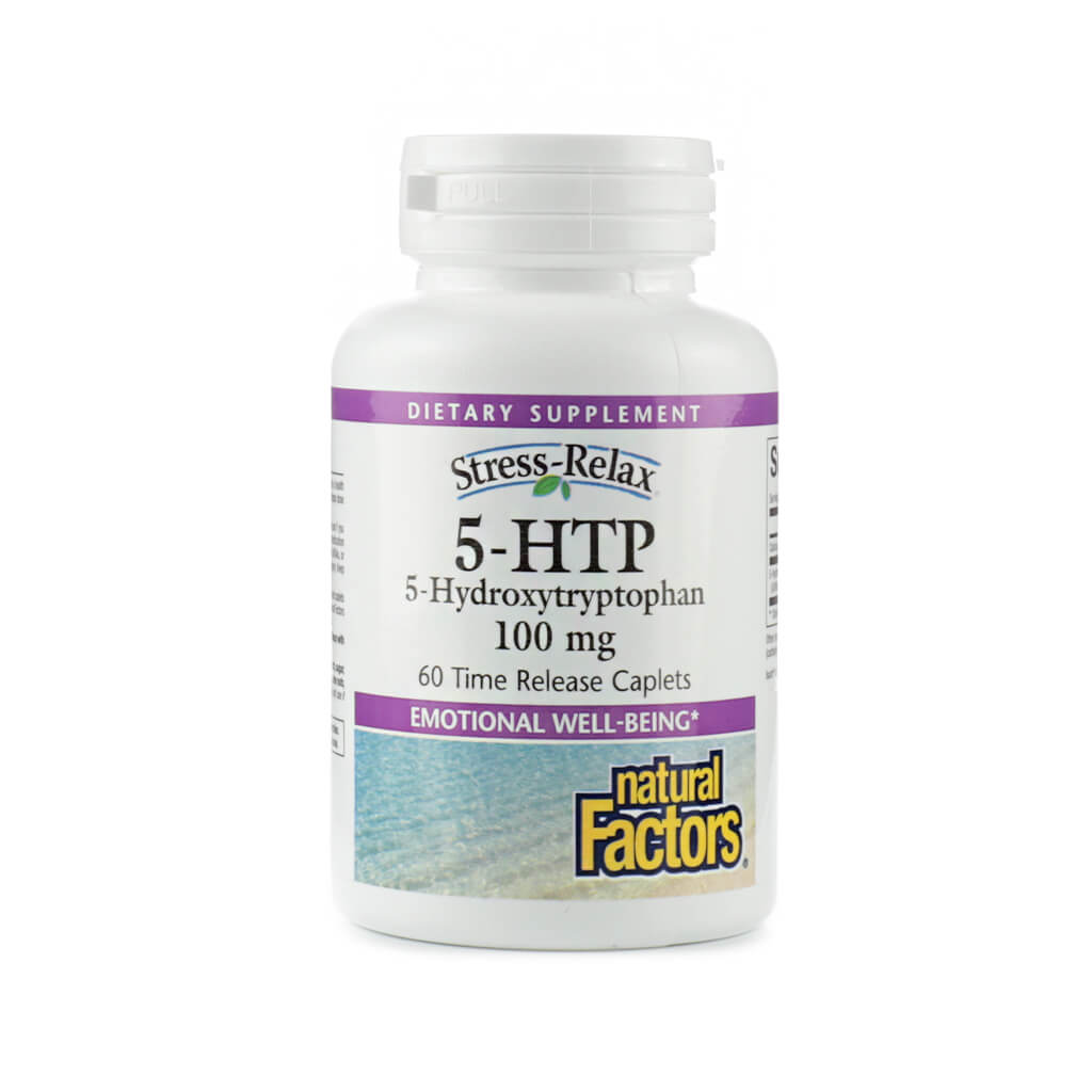 A bottle of Natural Factors Stress-Relax 5-HTP dietary supplement with 60 time release caplets. The label highlights 100 mg of 5-Hydroxytryptophan formulated to support emotional well-being.