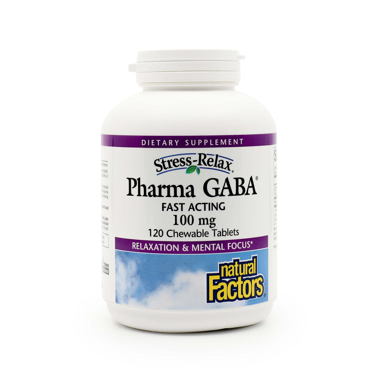 White bottle of Natural Factors Stress-Relax Pharma GABA, a fast-acting dietary supplement with 100 mg per tablet. Contains 120 chewable tablets formulated to support relaxation and mental focus.