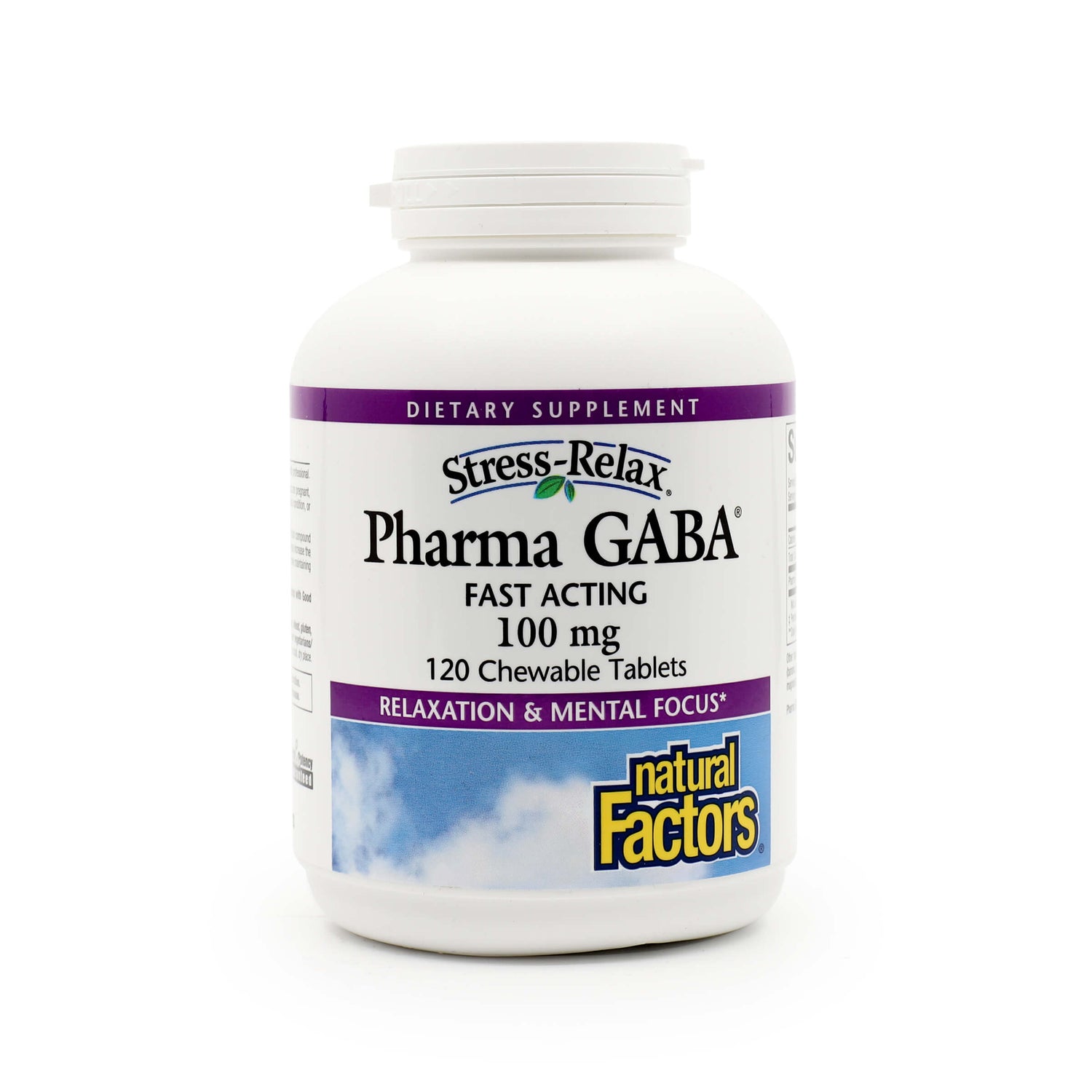 White bottle of Natural Factors Stress-Relax Pharma GABA, a fast-acting dietary supplement with 100 mg per tablet. Contains 120 chewable tablets formulated to support relaxation and mental focus.