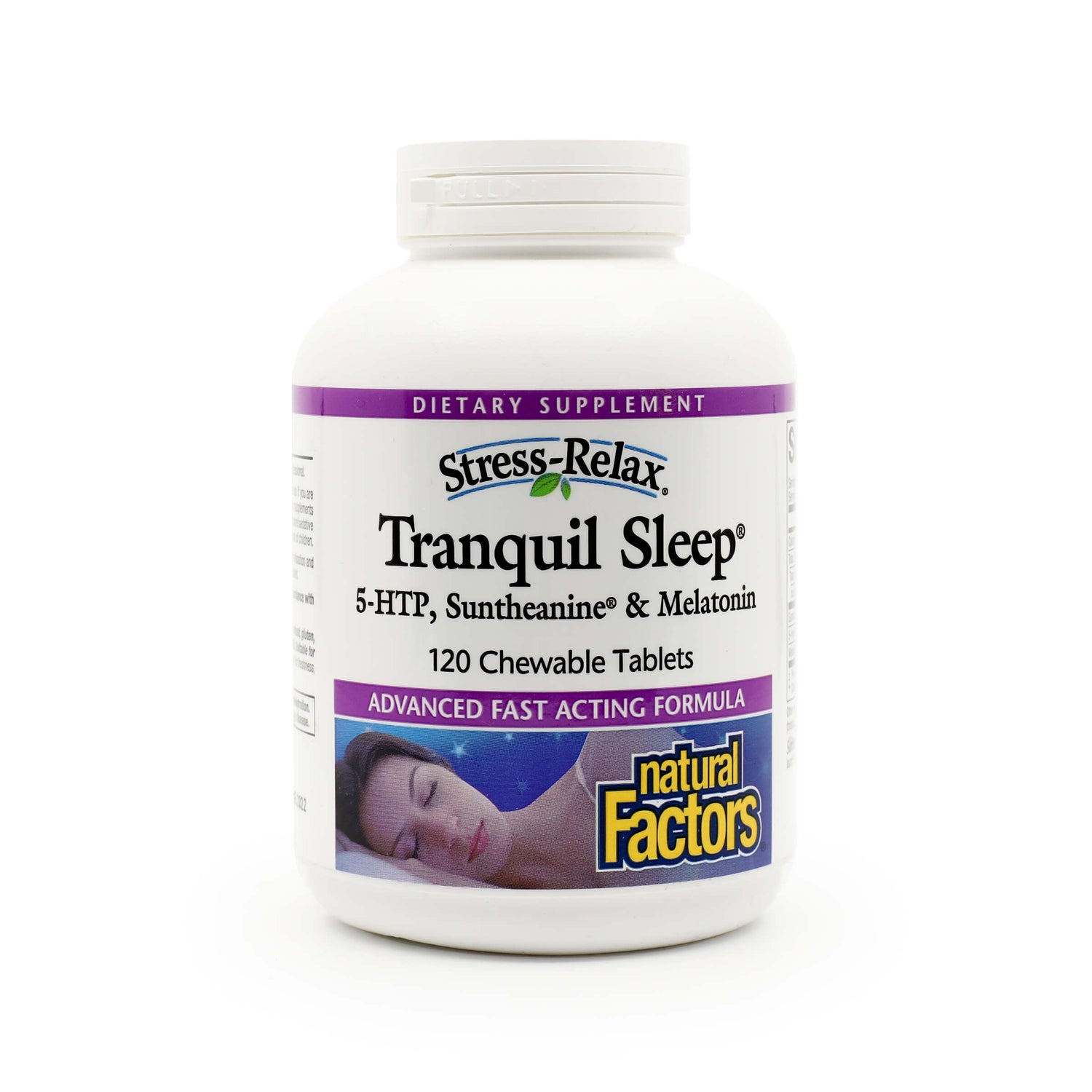White bottle of Natural Factors Stress-Relax Tranquil Sleep featuring 120 chewable tablets. The supplement combines 5-HTP, Suntheanine®, and melatonin in an advanced fast-acting formula to support restful sleep, with an image of a peaceful sleeping woman on the label.
