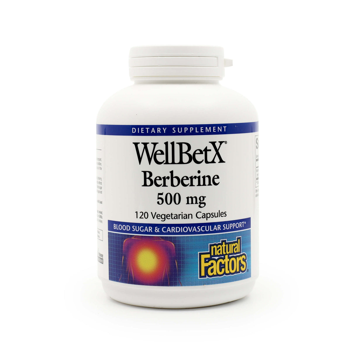 White bottle of Natural Factors WellBetX Berberine with 500 mg per serving and 120 vegetarian capsules. The label highlights its role in supporting blood sugar and cardiovascular health, with a glowing torso graphic and blue banner design.