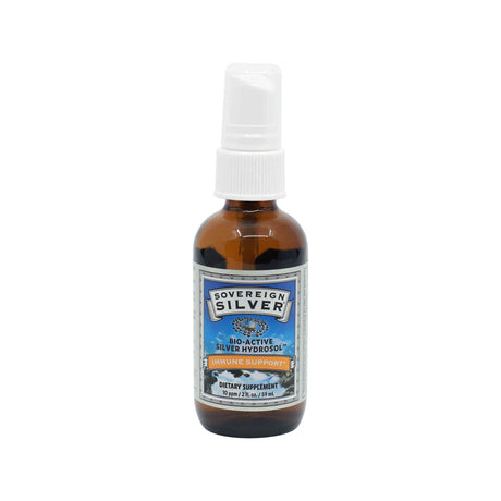 A 2 fl. oz. amber spray bottle of Sovereign Silver Bio-Active Silver Hydrosol Immune Support dietary supplement. The label highlights 10 PPM strength for daily immune health.