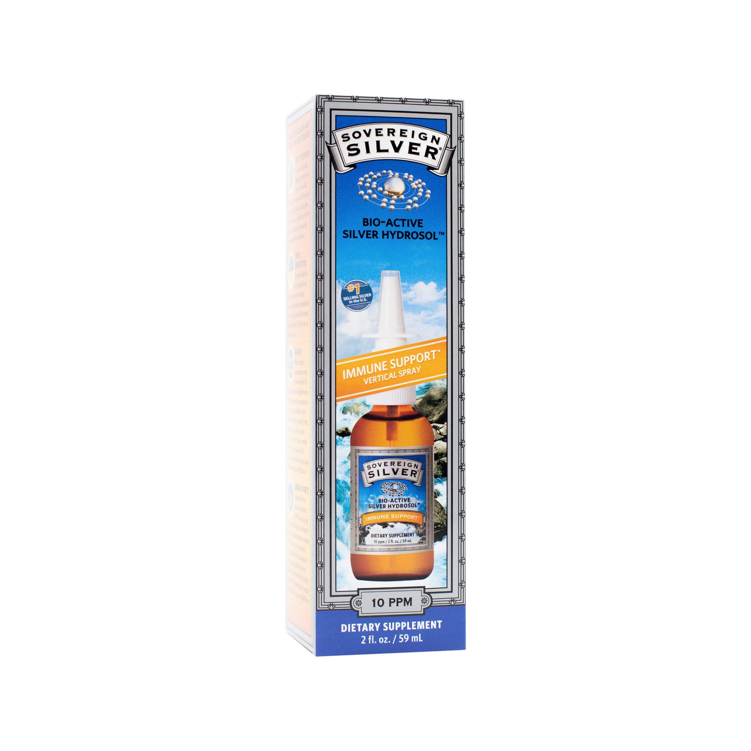 A box of Sovereign Silver Bio-Active Silver Hydrosol Immune Support Vertical Spray, 2 fl. oz. (59 mL). The label highlights 10 PPM strength and promotes daily immune health.