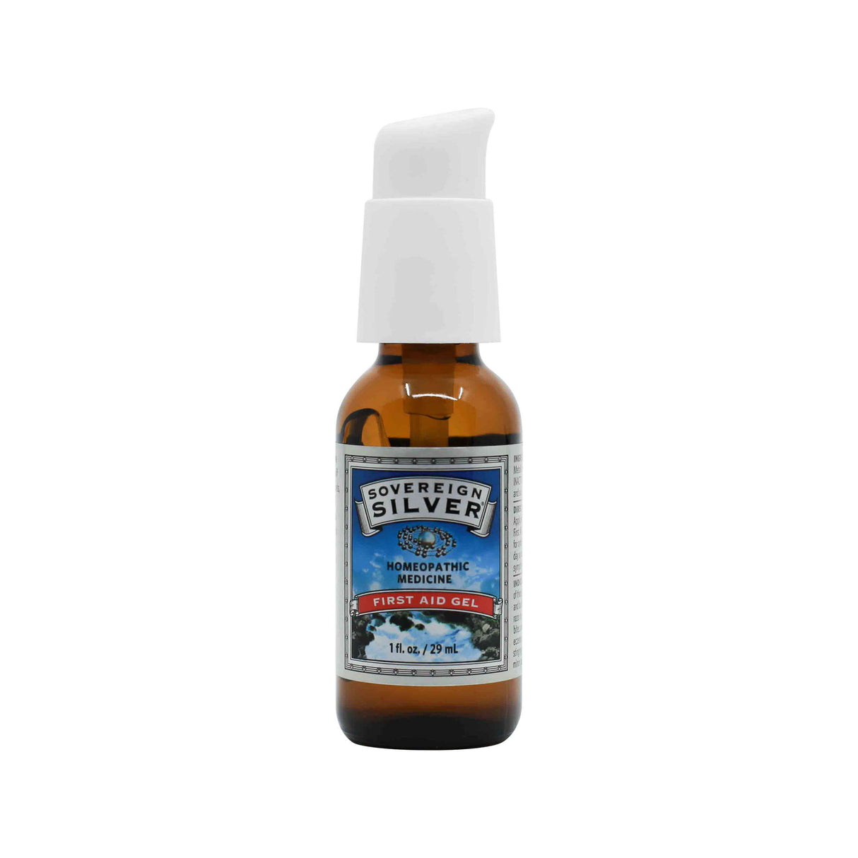 A 1 fl. oz. amber pump bottle of Sovereign Silver First Aid Gel homeopathic medicine. The label indicates it is designed for topical use as a natural first aid remedy.
