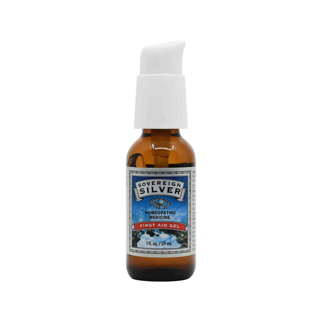 A 1 fl. oz. amber pump bottle of Sovereign Silver First Aid Gel homeopathic medicine. The label indicates it is designed for topical use as a natural first aid remedy.