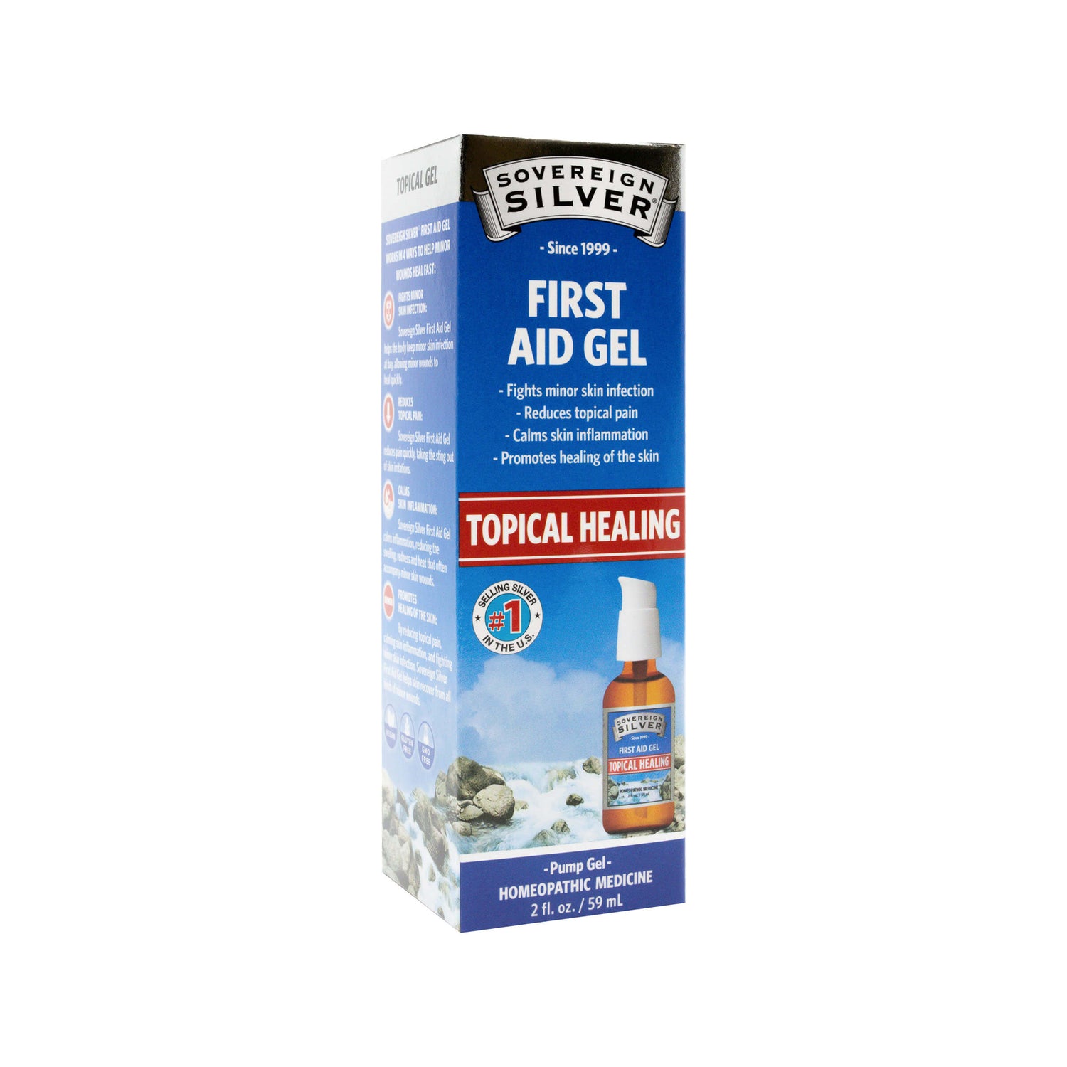 A box of Sovereign Silver First Aid Gel homeopathic medicine, 2 fl. oz. (59 mL). The packaging highlights topical healing benefits including fighting minor skin infection, reducing pain, calming inflammation, and promoting skin healing.