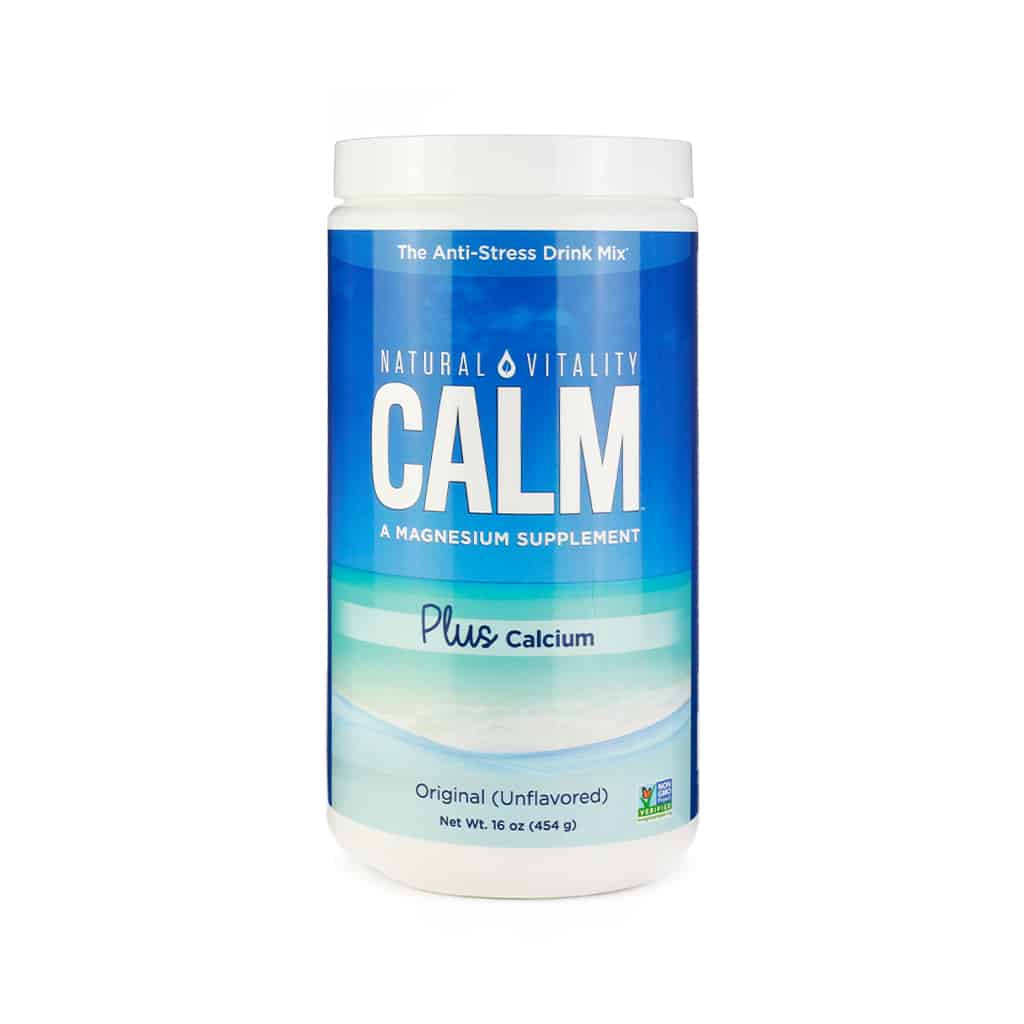 A tall container of Natural Vitality CALM Plus Calcium in original unflavored variety, an anti-stress magnesium supplement drink mix. The blue and teal label features the Non-GMO Project Verified seal.