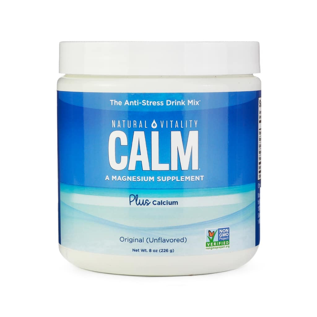 A short container of Natural Vitality CALM Plus Calcium in original unflavored variety, an anti-stress magnesium supplement drink mix. The packaging includes the Non-GMO Project Verified seal on a blue and teal label.