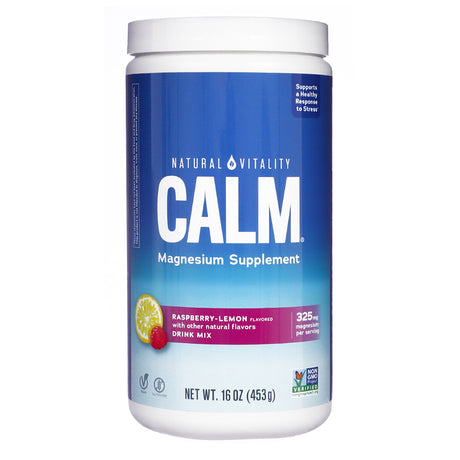 Front view of Natural Vitality CALM Raspberry-Lemon Drink Mix 16oz, showing magnesium supplement with 325mg per serving and stress support benefits in a blue and pink label.