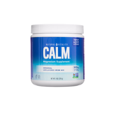 Container of Natural Vitality CALM Magnesium Supplement in the Original Unflavored variety, featuring a blue gradient label and callouts for 350 mg magnesium per serving. The label highlights its purpose to support a healthy response to stress and shows it's vegan and non-GMO.