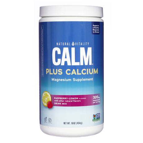 Front view of Natural Vitality CALM Plus Calcium Raspberry-Lemon Drink Mix 16oz, highlighting magnesium supplement with added calcium and 320mg magnesium per serving.