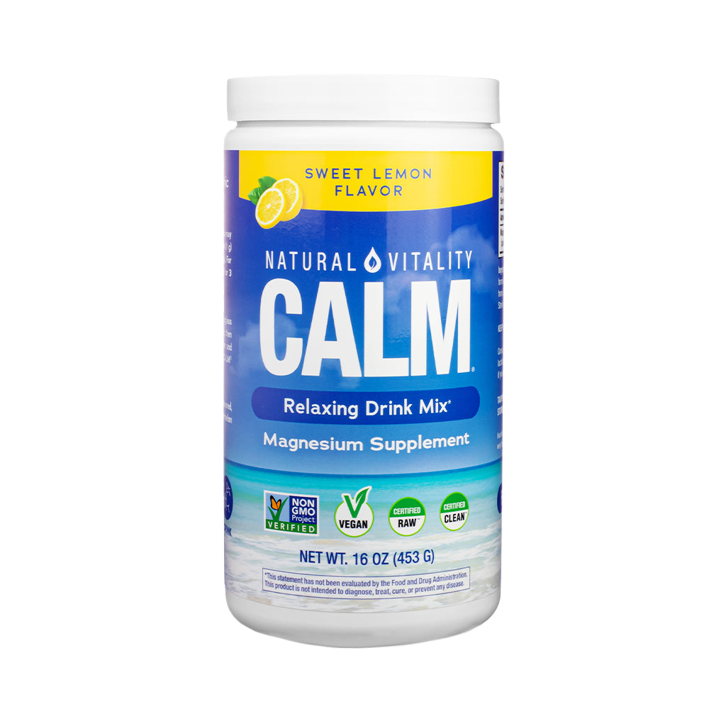 Tall 16 oz container of Natural Vitality CALM Relaxing Drink Mix in Sweet Lemon Flavor. The vibrant blue and yellow label showcases lemon imagery, magnesium supplement content, and badges for Non-GMO, vegan, RAW, and CLEAN.