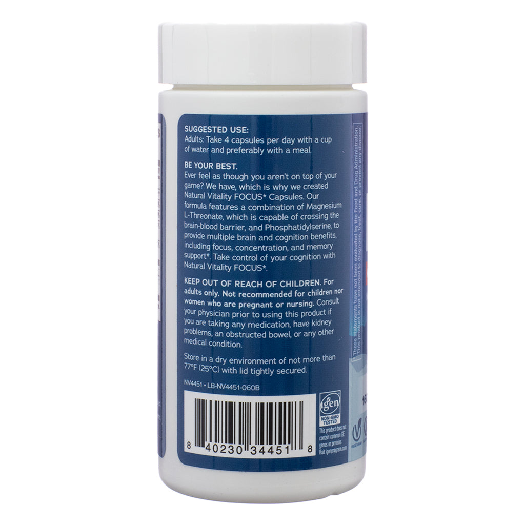 The back of a Natural Vitality Focus bottle, displaying suggested use, warnings, and product benefits. The label highlights cognitive support, recommended dosage of 4 capsules per day, and advises against use by children or pregnant individuals. It also includes storage instructions and a barcode.