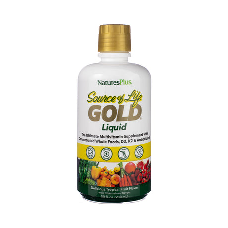 Nature’sPlus Source of Life Gold Liquid Multivitamin, front label showing vibrant multivitamin formula in liquid form with whole food-based ingredients and gold standard branding.