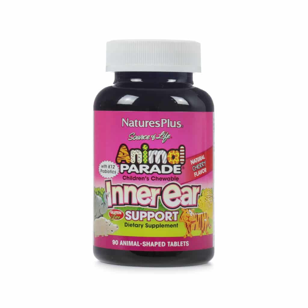 A dark bottle with a white cap of NaturesPlus Source of Life Animal Parade Inner Ear Support children’s chewable supplement. The label highlights 90 animal-shaped tablets in natural cherry flavor with K12 probiotics and a gluten-free formula.