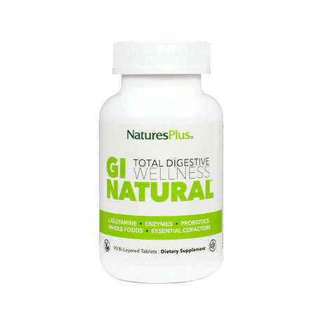 A white bottle of NaturesPlus GI Natural Total Digestive Wellness dietary supplement containing 90 bi-layered tablets. The label highlights ingredients like L-glutamine, enzymes, probiotics, whole foods, and essential cofactors, and notes it is gluten-free and vegan.