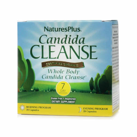 A box of NaturesPlus Candida Cleanse Certified Organic Whole Body Candida Cleanse dietary supplement for a 7-day program. The gluten-free, vegetarian kit includes 28 capsules for the morning program and 28 capsules for the evening program.