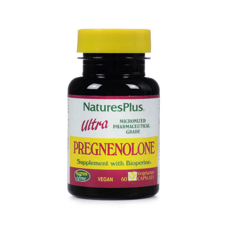 A black bottle with a yellow cap of NaturesPlus Ultra Pregnenolone dietary supplement containing 60 vegetarian capsules. The label highlights it as micronized pharmaceutical grade with BioPerine, gluten-free, and vegan.
