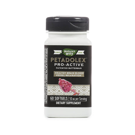 Bottle of Nature’s Way Petadolex Pro-Active dietary supplement featuring patented butterbur. The label promotes “Healthy Brain Blood Vessel Relaxation” and shows an image of a pink butterbur flower. The bottle contains 60 softgels with 50 mg per serving, 60-day supply.