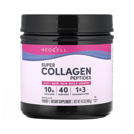 Black jar of NeoCell Super Collagen Peptides Powder with a pink and white label, promoting support for hair, skin, nails, and joints. Features 10g of collagen per serving, 40 servings total, with types 1 & 3 collagen in an unflavored powder formula.