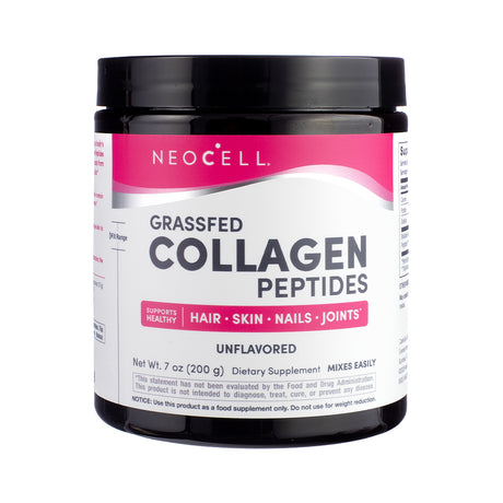 Neocell Grassfed Collagen Peptides Powder 7 oz (Formerly Neocell Super Collagen Powder 7 oz), front label highlighting grass-fed collagen source and skin, hair, nail, and joint support.