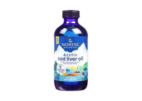 A blue bottle of Nordic Naturals Arctic Cod Liver Oil, 8 fl oz (237 mL). The label highlights omega-3 from wild Arctic cod for heart and brain health with great orange taste.