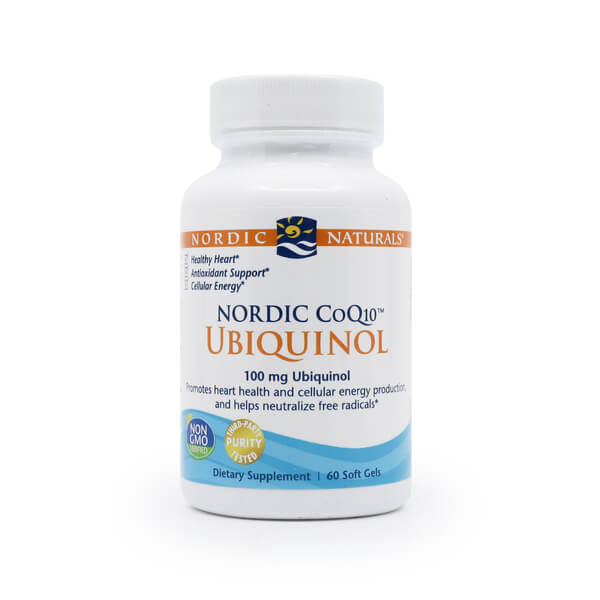A white bottle of Nordic Naturals Nordic CoQ10 Ubiquinol dietary supplement, containing 60 soft gels of 100 mg Ubiquinol. The label highlights benefits for heart health, antioxidant support, and cellular energy, and features badges for "Non-GMO" and "Purity Tested".