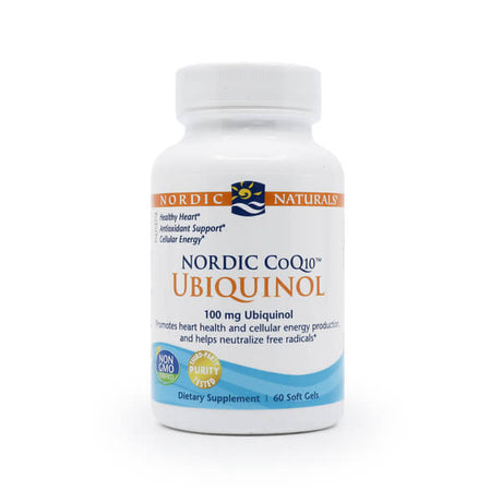 A white bottle of Nordic Naturals Nordic CoQ10 Ubiquinol dietary supplement, containing 60 soft gels of 100 mg Ubiquinol. The label highlights benefits for heart health, antioxidant support, and cellular energy, and features badges for "Non-GMO" and "Purity Tested".