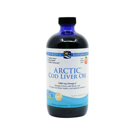 A larger blue bottle of Nordic Naturals Arctic Cod Liver Oil, 16 fl oz (473 mL). The label notes 1060 mg omega-3 from wild Arctic cod for heart, brain, and immune health, non-GMO verified, and orange flavored.