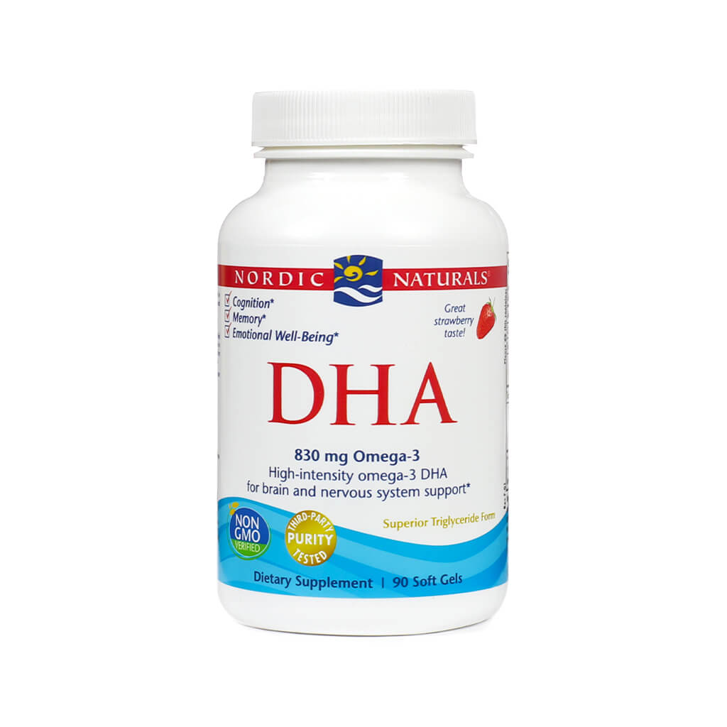 White bottle of Nordic Naturals DHA with a red and blue label highlighting 830 mg Omega-3 per serving for brain and nervous system support. Features include a great strawberry taste, cognition and memory benefits, and purity-tested, non-GMO verified certifications. Contains 90 soft gels.