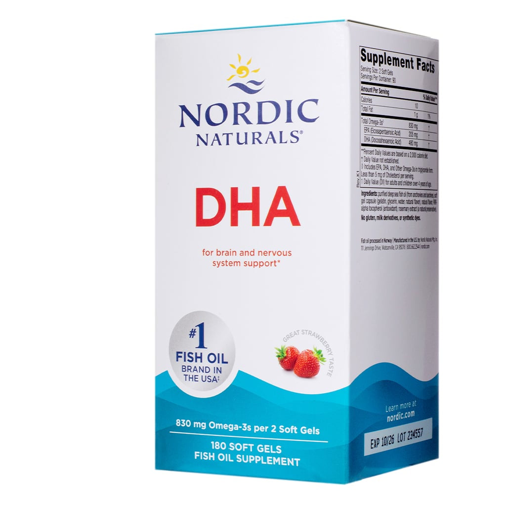 White and blue box of Nordic Naturals DHA fish oil supplement, labeled as the #1 fish oil brand in the USA. Promotes brain and nervous system support with 830 mg Omega-3s per 2 soft gels, in a great strawberry flavor. Includes Supplement Facts panel and 180 soft gels per container.