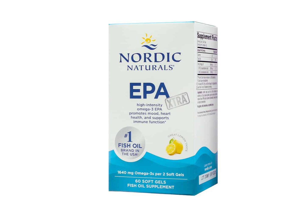 A 60-count box of Nordic Naturals EPA Xtra fish oil supplement featuring high-intensity omega-3 EPA to support mood, heart health, and immune function. The packaging highlights a lemon flavor, 1640 mg of Omega-3s per 2 softgels, and the brand’s status as the #1 fish oil in the USA.