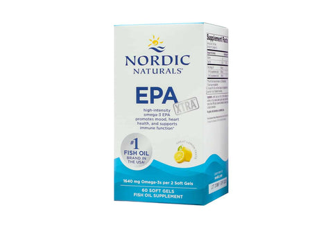 A 60-count box of Nordic Naturals EPA Xtra fish oil supplement featuring high-intensity omega-3 EPA to support mood, heart health, and immune function. The packaging highlights a lemon flavor, 1640 mg of Omega-3s per 2 softgels, and the brand’s status as the #1 fish oil in the USA.