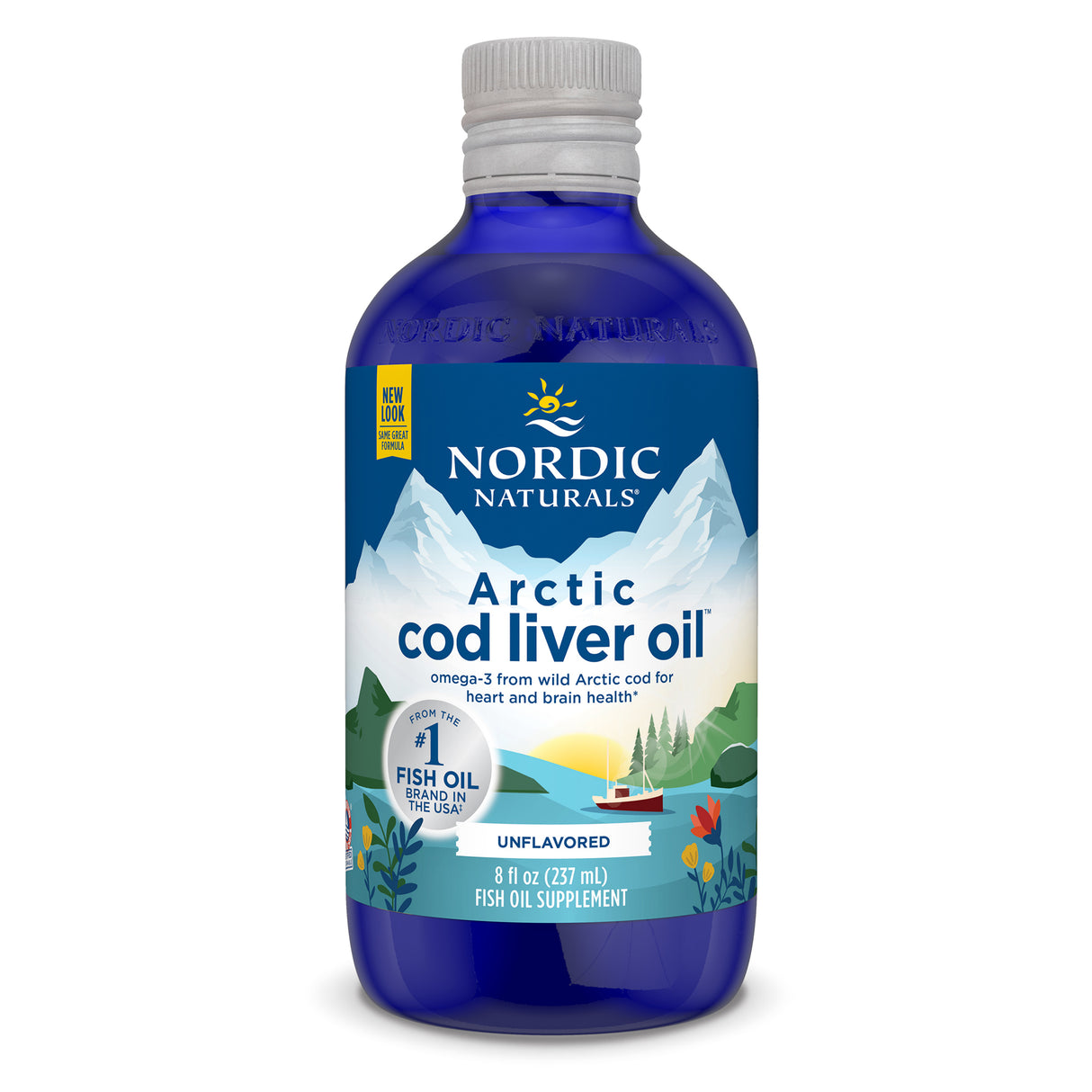 A bottle of Nordic Naturals Arctic Cod Liver Oil, unflavored, containing 8 fl oz (237 mL). The label highlights Omega-3 from wild Arctic cod for heart and brain health and states it's from the #1 fish oil brand in the USA. The packaging features a scenic Arctic landscape illustration.