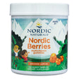 The front label of the Nordic Naturals Nordic Berries 120 Orange Lemon Flavor Gummy Berries container, showcasing the brand logo, product name, and flavor. The packaging features an illustrated landscape with children playing and an image of the gummy berries.