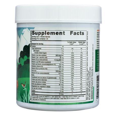 The supplement facts panel of the Nordic Naturals Nordic Berries 120 Orange Lemon Flavor Gummy Berries container, displaying nutritional values, vitamin and mineral content, serving size, and daily value percentages for different age groups.