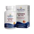 Nordic Naturals Vitamin D3 + K2 Softgels, front label showing synergistic blend of vitamin D3 and K2 for bone and cardiovascular health.