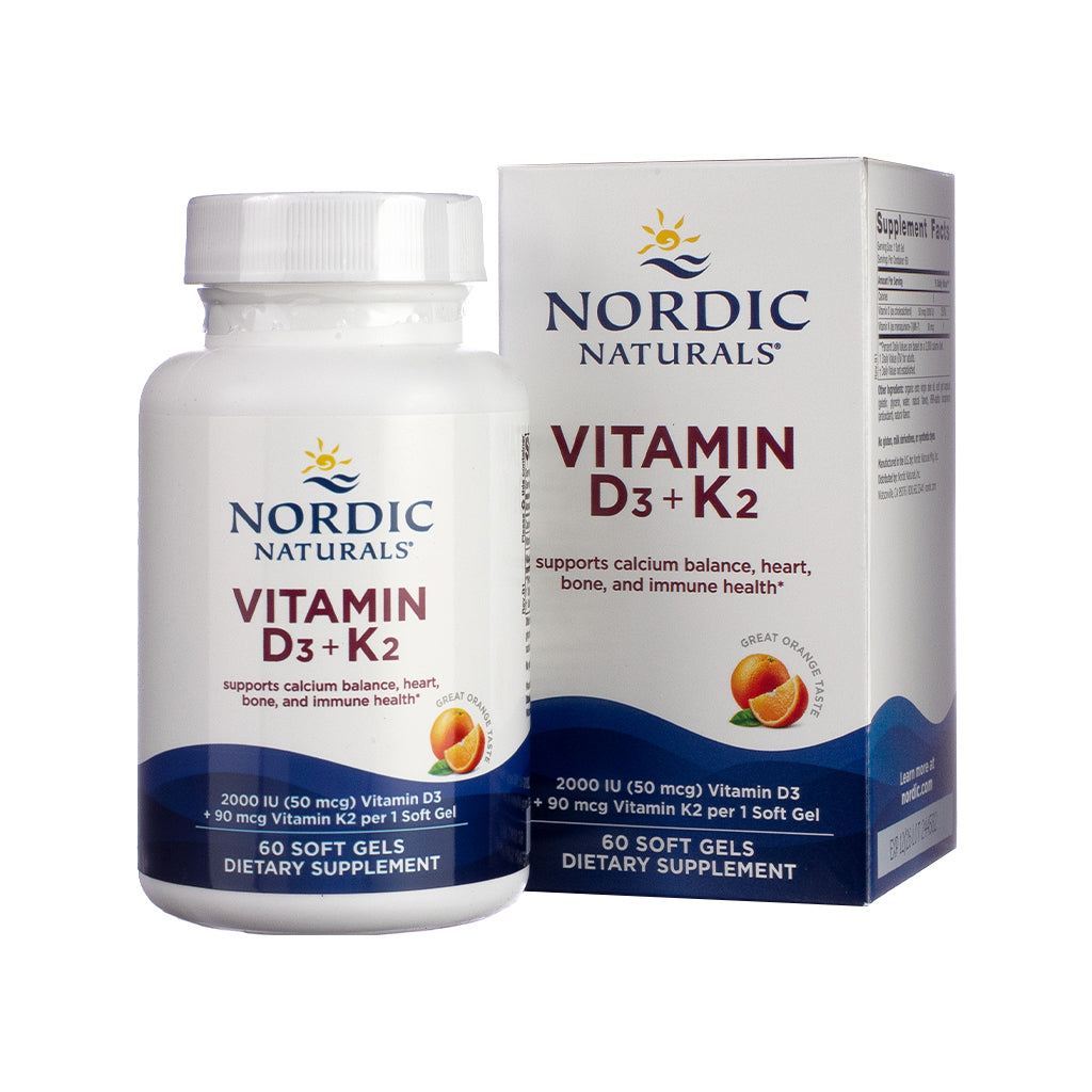 Nordic Naturals Vitamin D3 + K2 Softgels, front label showing synergistic blend of vitamin D3 and K2 for bone and cardiovascular health.