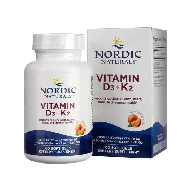 Nordic Naturals Vitamin D3 + K2 Softgels, front label showing synergistic blend of vitamin D3 and K2 for bone and cardiovascular health.
