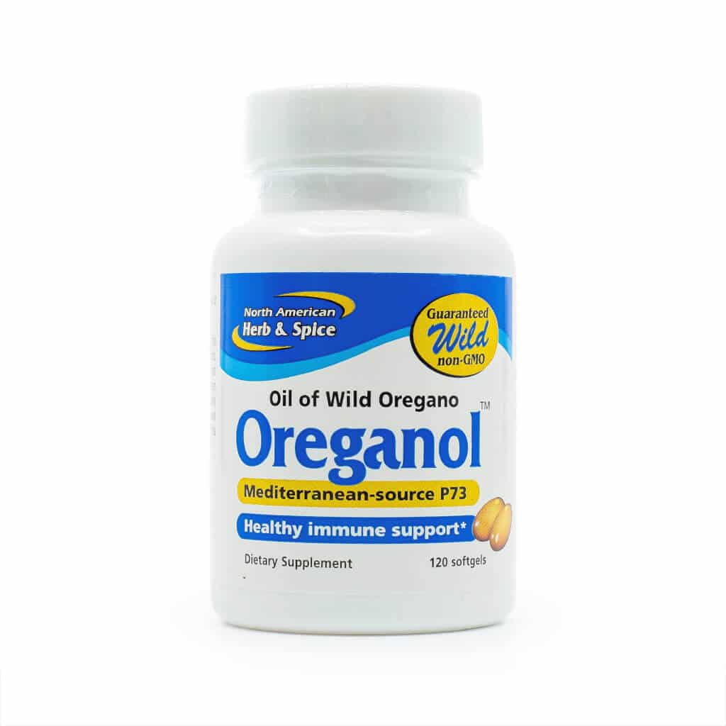 Bottle of North American Herb & Spice Oreganol softgels containing oil of wild oregano, labeled as Mediterranean-source P73 for healthy immune support. The supplement is guaranteed wild, non-GMO, and includes 120 softgels.