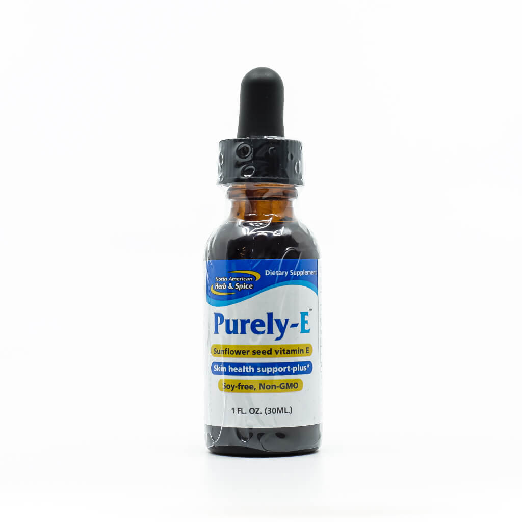 Glass dropper bottle of North American Herb & Spice Purely-E dietary supplement, containing 1 fl. oz. (30 ml) of sunflower seed vitamin E. Labeled for skin health support-plus, soy-free, and non-GMO.